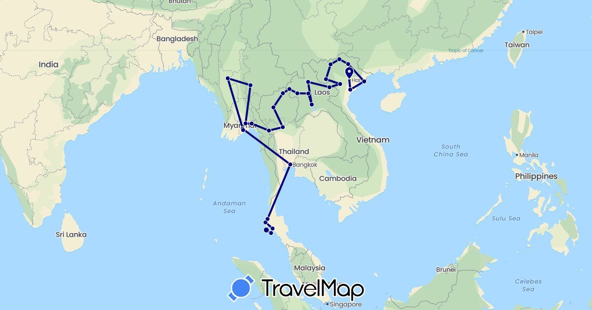 TravelMap itinerary: driving in Laos, Myanmar (Burma), Thailand, Vietnam (Asia)